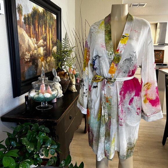 KERRI ROSENTHAL multi color abstract design lightweight knee length ROBE - Picture 1 of 6